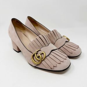 Gucci Pink Heeled Loafers with Gold Accent